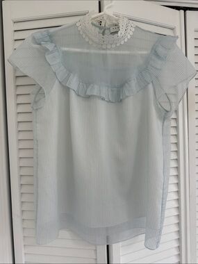 Sandro Pale Blue Sheer Ruffle Yoke Blouse
